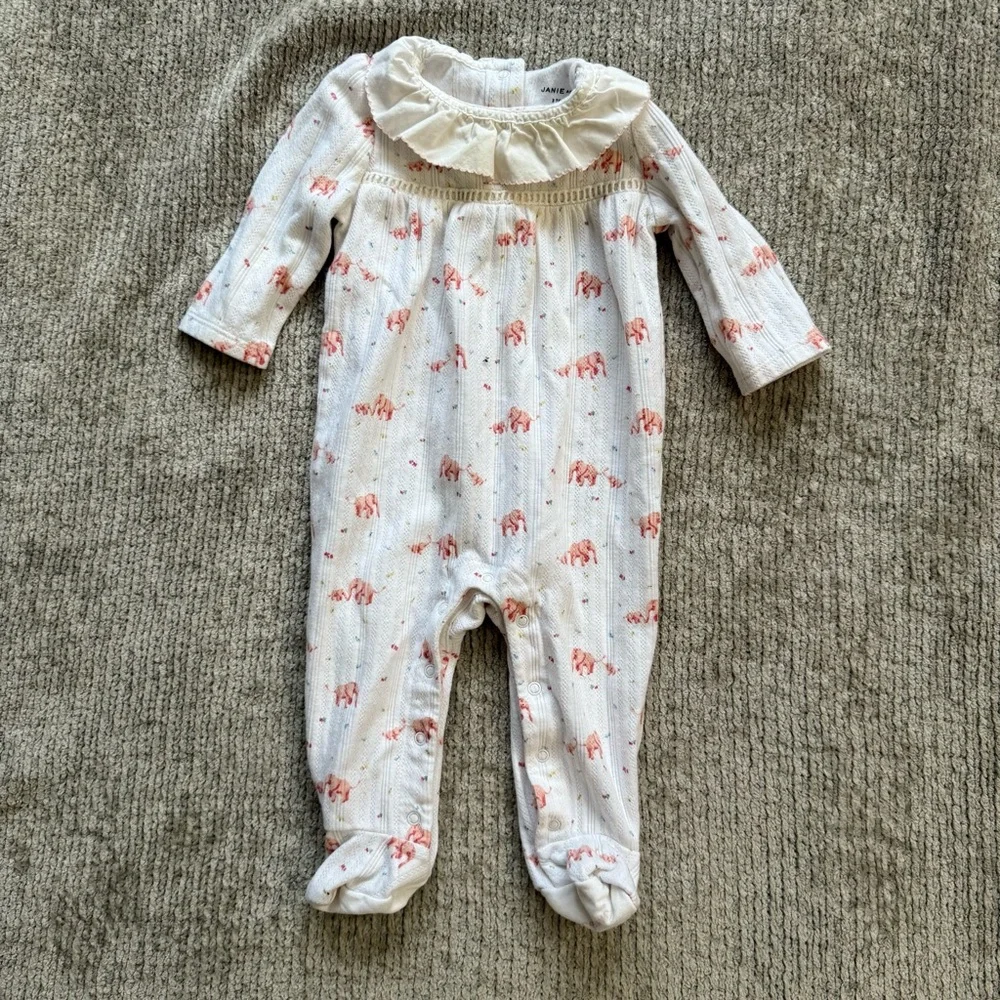 Janie and Jack Baby Girl Elephant Footed Sleeper 3–6 Months Ruffle‎ Collar